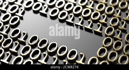 Leerraum auf abstraktem Technologiehintergrund mit Binärcode, Goldnummern 0 und 1 auf Schwarz geprägt. 3d-Illustration Stockfoto