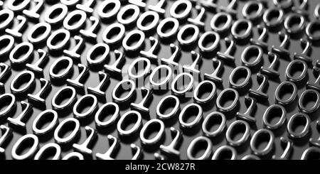 Binärcode abstrakter Technologiehintergrund. Digitale Datenmatrix-Muster, silberne Zahlen 0 und 1 auf schwarz geprägt. 3d-Illustration Stockfoto