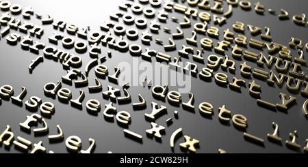 Software entwickeln Programmiercode. Abstrakter Hintergrund der Computertechnologie. Digitale Datenmatrix-Muster, Gold-Algorithmen auf Schwarz geprägt. 3d-Grafik Stockfoto