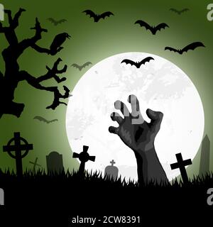 Zombie Hand vor Vollmond mit unheimlichen illustrierte Elemente für Halloween Hintergrund Layouts Stock Vektor