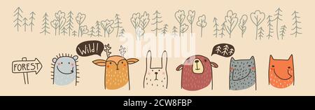 Set von niedlichen Waldtiere Fuchs, Bär, Hirsch, Igel, Hase und Wolf skandinavischen Stil für Kinder handgezeichnet. Doodle Vektor Cartoon Illustration Stock Vektor