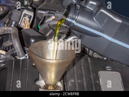 Mechaniker, die das Öl in einem Auto Gießen ein Pint Öl durch einen Trichter in den Motor, Nahaufnahme des Öls und Trichter Stockfoto
