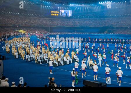 Peking, China 6. September 2008: Eröffnungsfeier der Pekinger Paralympics im Nationalstadion Chinas, bekannt als Vogelnest. ©Bob Daemmrich Stockfoto