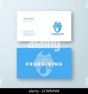 Freediving Abstract Vector Scuba Tauchen Zeichen oder Logo und Visitenkarte Vorlage. Gesicht in einer Schnorchelmaske Silhouette mit Typografie. Premium Stock Vektor