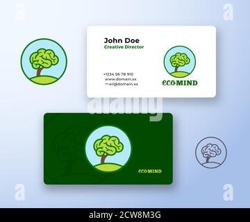 Eco Mind Abstraktes Vektorzeichen oder Logo und Visitenkarte Vorlage. Brain Shape Tree Konzept mit Typografie. Premium Stationär Realistisch Mock Up. Stock Vektor