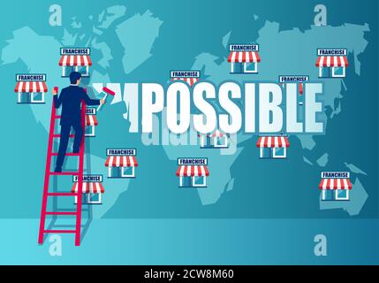 Vektor eines Geschäftsmannes auf Treppen Erweiterung Marke Store-Netzwerk Auf der Weltkarte, die das Wachstum des Franchise-Geschäfts ermöglicht Stock Vektor