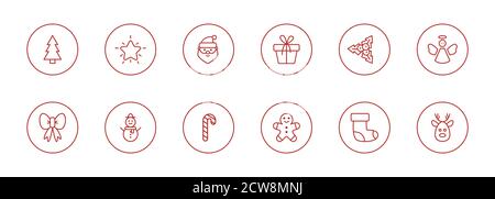 Niedliche traditionelle Holiday Icons Kollektion. Weihnachts-Line-Art-Set. Skizzieren Sie Designelemente mit Schneeflocke, weihnachtsmann, Stern, weihnachtsbaum, Ball, Socke Stock Vektor