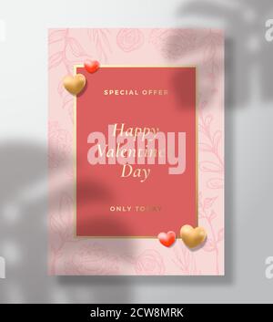 Sonderangebot Valentinstag abstrakte Vektor-Grußkarte, Poster oder Urlaub Hintergrund. Rosa und Gold Farben, weiche Schatten, Herzen und Skizze Stock Vektor