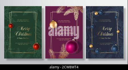 Weihnachten abstrakte Vektor Grußkarten, Poster oder Urlaub Hintergründe Bundle. Classy Gold Gradienten Typografie Set. Weiche Schatten Realistisches Spielzeug Stock Vektor