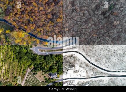 Jahreszeiten Konzept Sommer Winter Herbst Frühling Luftaufnahme der Wicklung Straße Serpentin von einem hohen Pass in der mosel Dorf Brodenbach Deutschland Stockfoto