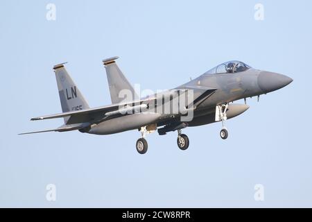 F-15C vom 493rd Fighter Squadron, der zu Hause landete Basis der RAF Lakenheath Stockfoto