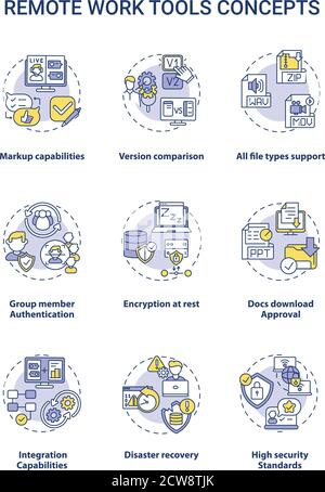 Symbole für das Konzept der Remote-Work-Tools festgelegt Stock Vektor