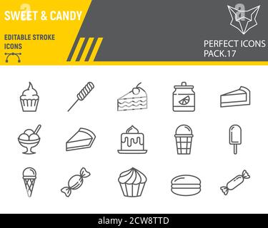 Süßwaren Linie Icon-Set, Desserts Sammlung, Vektor-Skizzen, Logo-Illustrationen, Süßwaren Symbole, Gebäck Zeichen lineare Piktogramme, editierbare Kontur. Stock Vektor