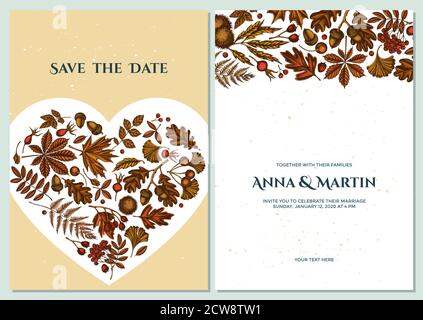 Hochzeitseinladungskarte mit farbigem Farn, Hunderose, Eberesche, Ginkgo, Ahorn, Eiche, Rosskastanie, Kastanie, Weißdorn Stock Vektor