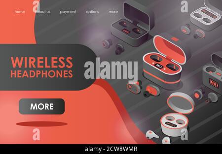 Drahtlose Kopfhörer Vektor flache Landing Page Vorlage mit Textraum. Verschiedene kabellose Bluetooth-Ohrhörer und Ladetaschen. Stereo-Kopfhörer Gadgets für Musik hören. Stock Vektor