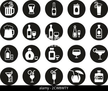 Alkoholische Getränke Icons Weiß Auf Schwarz Flat Design Kreis Set Groß Stock Vektor