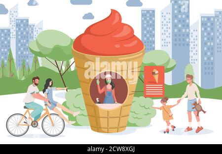 Eisdiele Vektor flache Illustration. Fröhliche lächelnde Leute, die im Stadtpark spazieren und zur Eisdiele gehen. Mädchen in medizinischen Gesichtsmaske Verkauf leckere Eis im Stadtpark. Stock Vektor