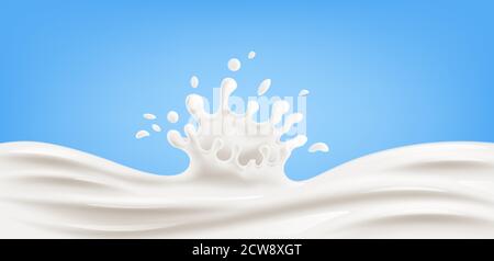 Realistischer Spritzer Milch auf blauem Hintergrund Vektor-Illustration. Stock Vektor