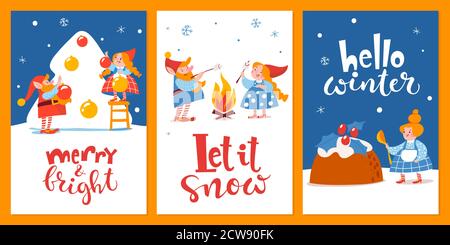 Set aus drei Cartoon Weihnachten Hygge Karten mit lustigen Gnomen und Schriftzug. Stock Vektor
