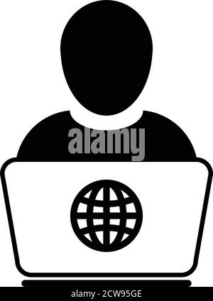 ECommerce Symbol Vektor Person mit Laptop-Computer männlichen Benutzer Person Profil Avatar Globus Symbol für die Arbeit online in einer Wohnung Farbzeichen-Piktogramm Stock Vektor