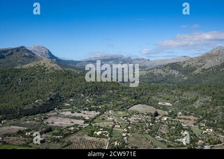 Blick vom Puig de Maria in Pollensa, Mallorca. Stockfoto