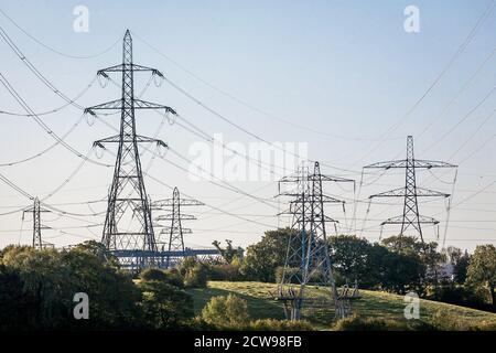 Strommasten in ländlicher Umgebung mit blauem Himmel. Stockfoto