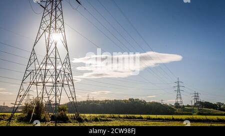 Strommasten in ländlicher Umgebung mit blauem Himmel. Stockfoto