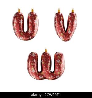 3D-Rendering von roten weihnachtsschmuck Alphabet auf weiß geschossen - Buchstaben U-W Stockfoto