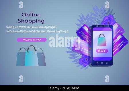 Online-Shopping Vektor-Illustration. Smartphone mit Taschen und Kreditkarten flache Stil Illustration. Stock Vektor