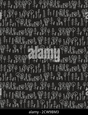 Wild Forest im skandinavischen Stil nahtlose Muster grau auf schwarzem Hintergrund. Doodle Vektorgrafik Stock Vektor