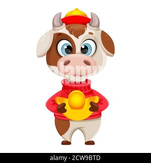 Lustiger Bulle. Cute Stier Cartoon-Figur in Pullover, das Symbol des chinesischen Neujahrs 2021. Vektorgrafik auf weißem Hintergrund Stock Vektor