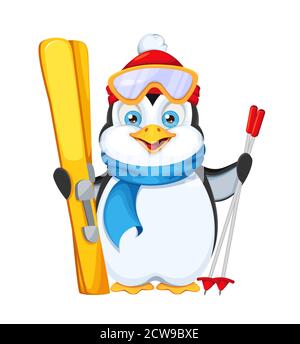 Niedlicher Pinguin mit Skiern. Frohe Weihnachten und Frohes neues Jahr. Lustige Pinguin Cartoon-Charakter. Vektorgrafik auf weißem Hintergrund. Stock Vektor