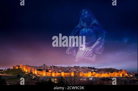 Composición de Santa Teresa de Jesús y Ávila con sus murallas y su catedral (desde los cuatro postes). Castilla León. España Stockfoto