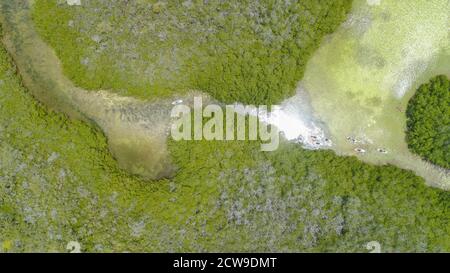 GRESKY Insel Luftbild mit Aufstieg und biegen Sie nach rechts Annäherung an den Kanal in Mangrovenwald. Integral Schutzzone los Roques Venezuela Stockfoto