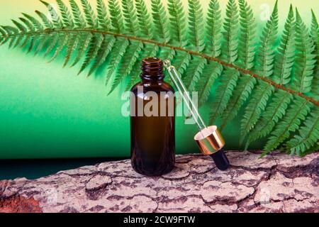 Flasche kosmetisches Öl mit einem Tropf auf grünem Hintergrund mit Farnblättern und Baumrinde. Spa- und Wellness-Konzept. Vorderansicht Stockfoto