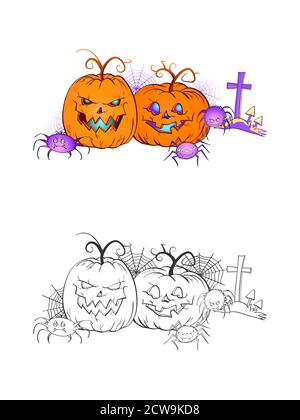 Halloween Illustration mit lächelnden Kürbissen, Spinnen, Grab und Netz auf weißem Hintergrund. Zwei Varianten: Farbe und monochrom. Seite des Malbuches. Stock Vektor