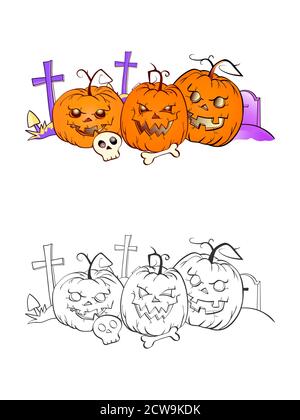 Halloween Illustration mit lächelnden Kürbissen, Totenkopf und Grab auf weißem Hintergrund. Zwei Varianten: Farbe und monochrom. Seite des Malbuches. Vektor. Stock Vektor