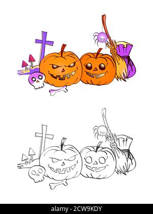 Halloween Illustration mit lächelnden Kürbissen, Totenkopf, Spinne und Grab auf weißem Hintergrund. Zwei Varianten: Farbe und monochrom. Seite des Malbuches. Stock Vektor