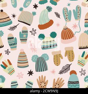 Niedliche Vektor nahtlose Muster von Winterkleidung, Hüte, Fäustlinge und Handschuhe. Freihändig gezeichnete Doodle-Elemente. Stock Vektor