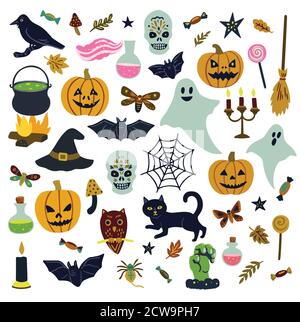 Großes Set von niedlichen Halloween Clip Art. Böse Kürbisse, Fledermäuse und andere Elemente und Tiere. Stock Vektor
