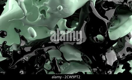 3D Render, Grün und Schwarz Flüssigkeiten Splash, Abstract Flüssigkeit Hintergrund Stockfoto