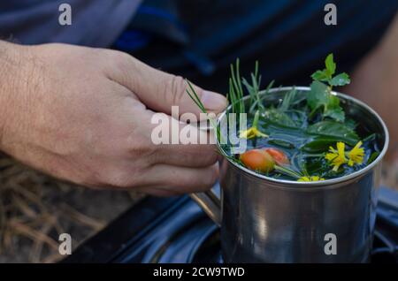 Kräutertee in einem Metallbecher in der Hand über einem tragbaren Gasherd. Eine Männerhand hält Kräutertee aus Hagebutten und verschiedenen Kräutern in einem Edelstahl Stockfoto