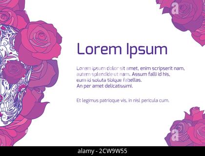 Vorlage mit Neon-Zucker-Totenkopf mit Rosen und Platz für Text. Der Feiertag des Tages der Toten. Vektor-Element für Banner, Karten, Einladungen und Stock Vektor