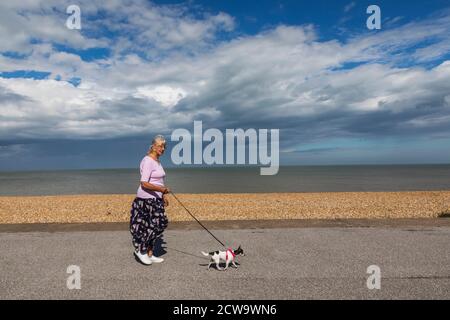 England, Kent, Deal, Lady Walking Small Dog auf der Strandpromenade Stockfoto