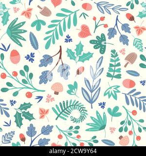 Herbstfarben und Winterfarben im Walddesign. Cute Vektor nahtlose Wiederholung von Waldblättern, Eicheln, Pilze und Beeren. Stock Vektor