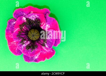 Handgefertigter Filz, Blumen, rosa Blume auf grünem Hintergrund Stockfoto