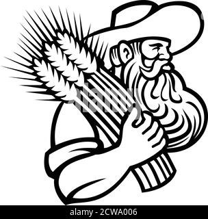 Maskottchen schwarz und weiß Abbildung des Kopfes eines organischen Getreidezüchter oder Weizenbauer mit Bart, der ein Bündel hält Von getrocknetem Weizen, der nach iso schaut Stock Vektor