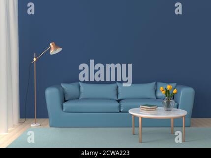 Wohnzimmer in Blautönen mit Sofa Stockfoto
