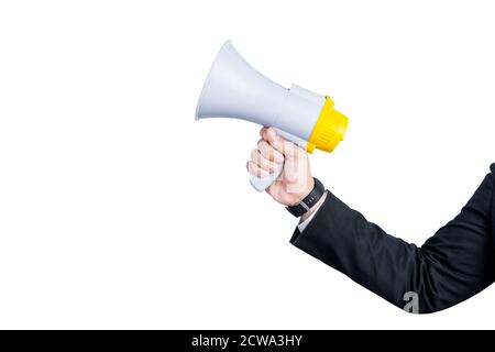 Geschäftsmann Hand hält Megaphon isoliert auf weißem Hintergrund Stockfoto