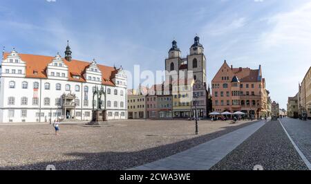 Wittenberg, S-A - 13. September 2020: Panorama des historischen Marktplatzes in der Lutherstadt Wittenberg Stockfoto